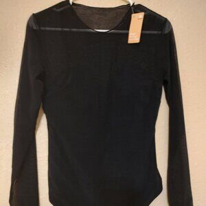 POPILUSH Sheer Mesh Top Shapewear Long Sleeve Thong Bodysuit Black Womens Size L
